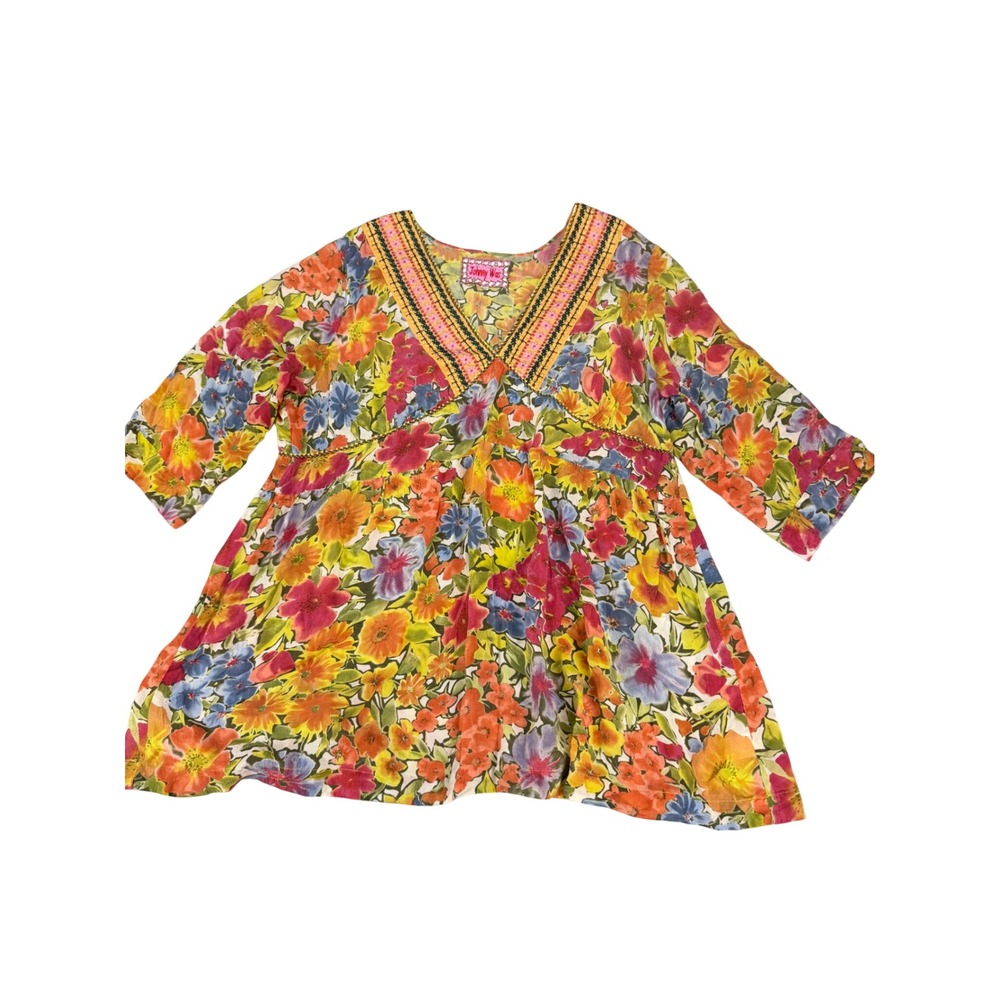 Johnny Was Women 2X Floral Rayon V-Neck Embroidered Empire Waist Blouse Top